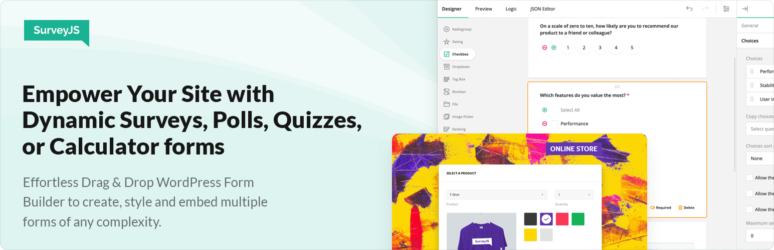 WordPress 外掛 SurveyJS: Drag & Drop WordPress Form Builder to create, style and embed multiple forms of any complexity 的封面圖片。