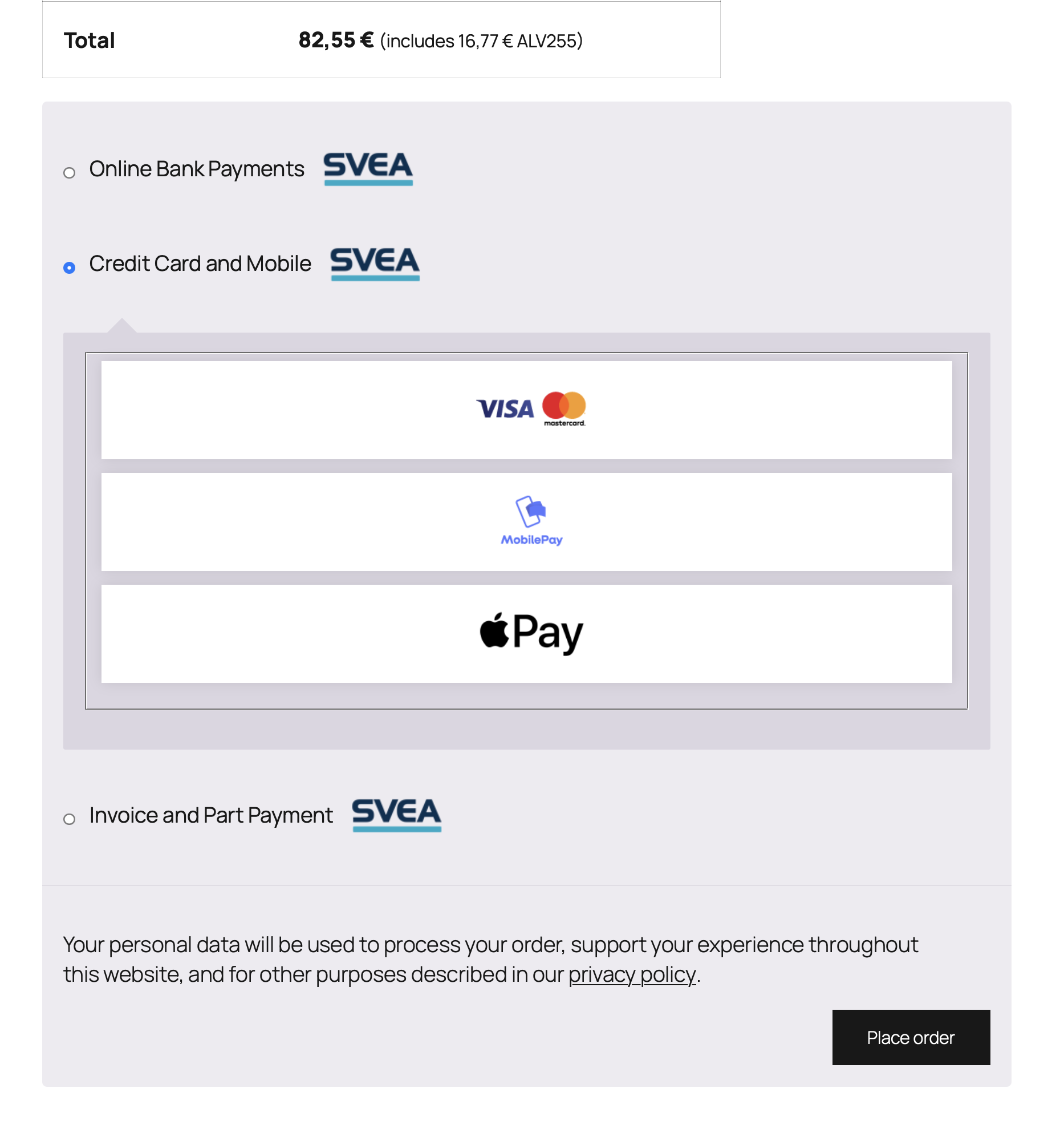 Separate payment methods displayed on the checkout page.