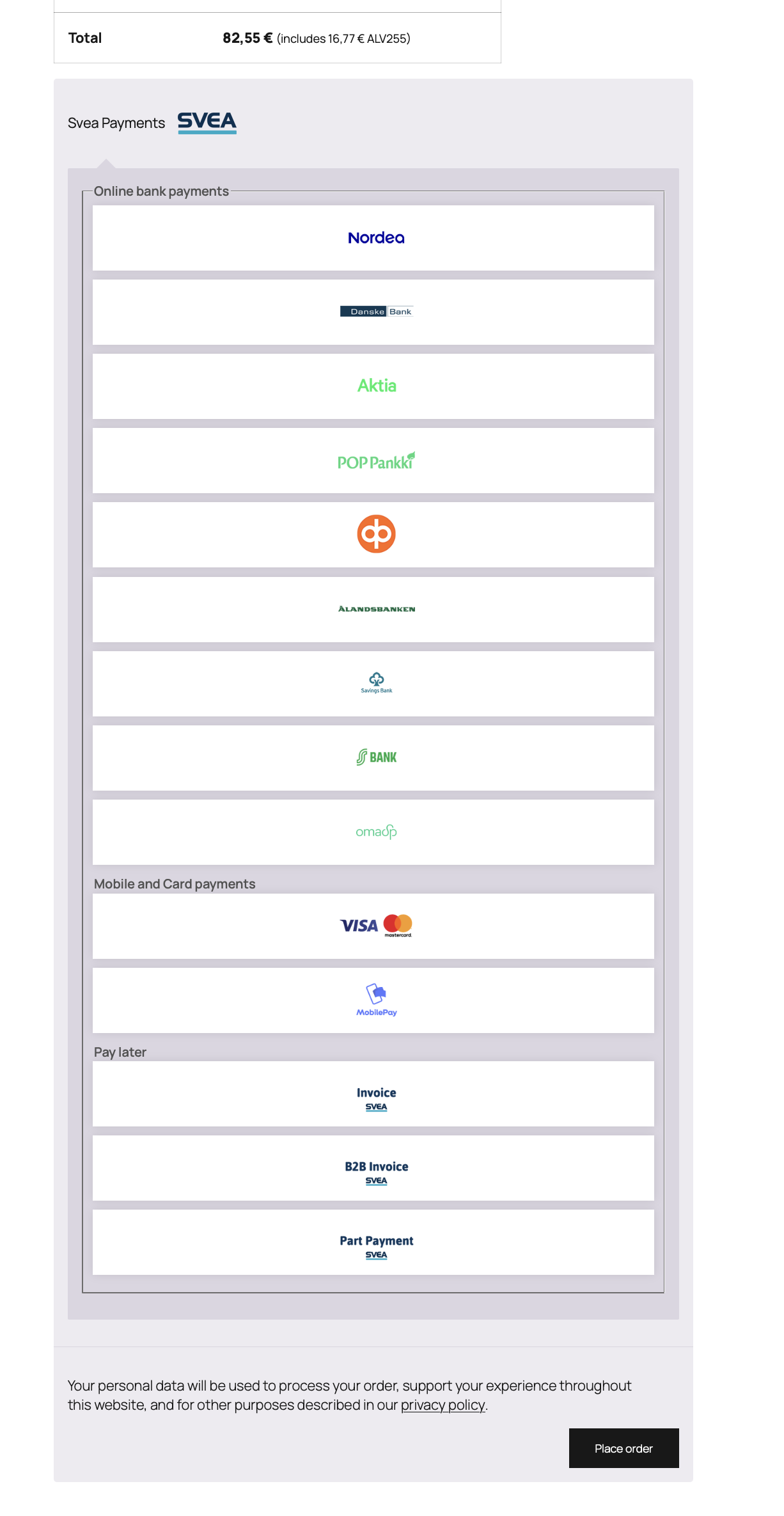 Collated payment methods view on the checkout page.
