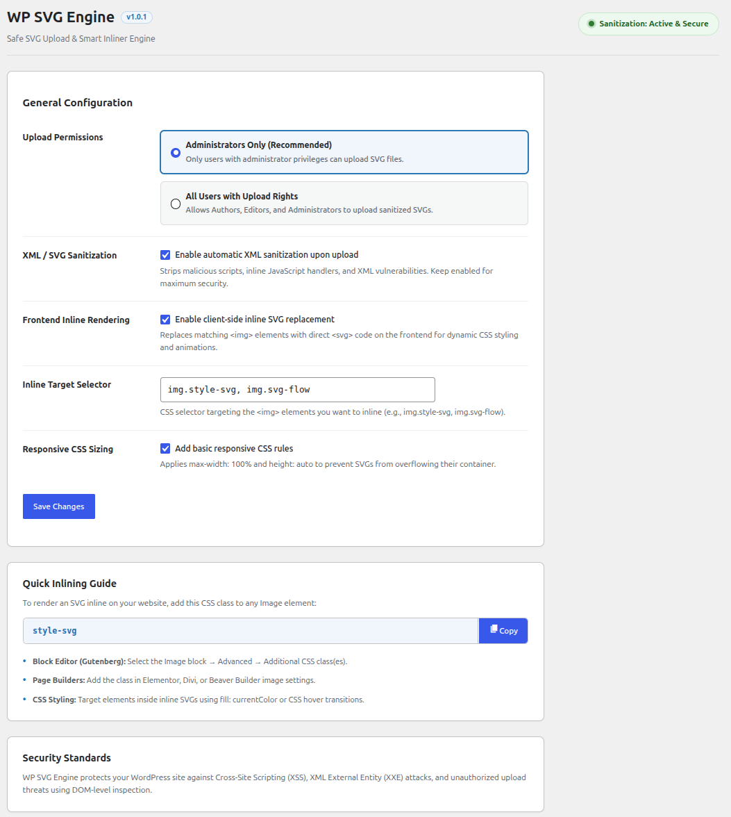 WP SVG Engine Settings Screen: Intuitive configuration with live security status badge and 1-click selector copy helper.