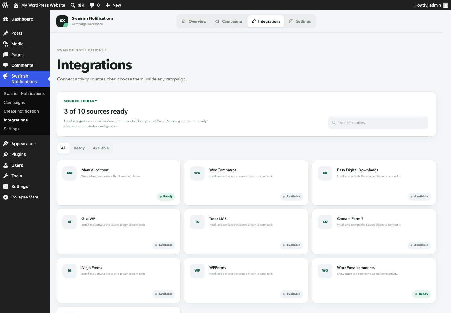 Integration status screen.