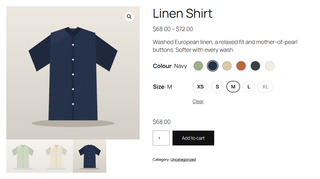 Colour and label swatches on the product page, with the chosen colour next to its name and a sold-out size crossed out.