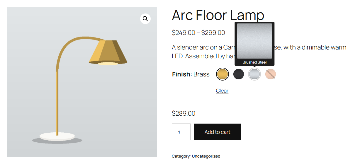 Image swatches for a lamp's finishes, with a larger preview in the tooltip.