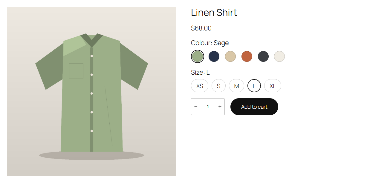 The Add to Cart + Options block in a block theme, with swatches in place of its text chips.