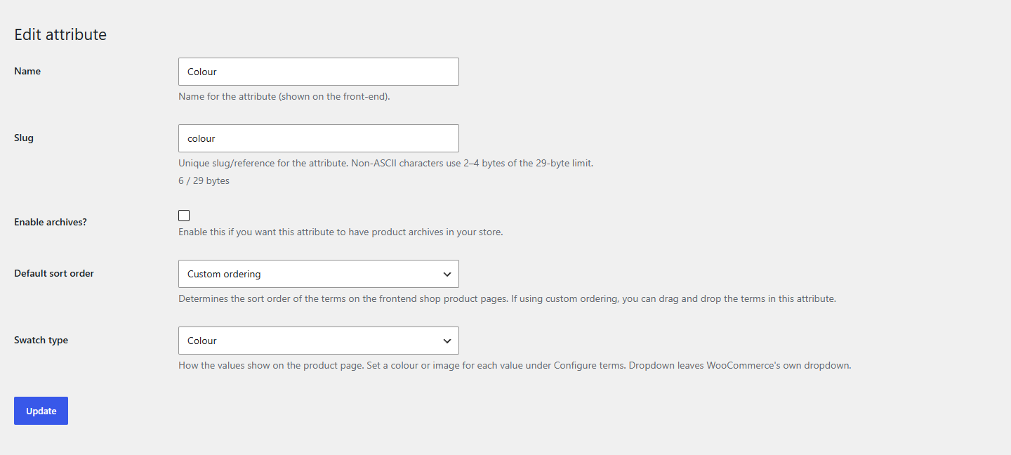 An attribute's swatch type on Products → Attributes.