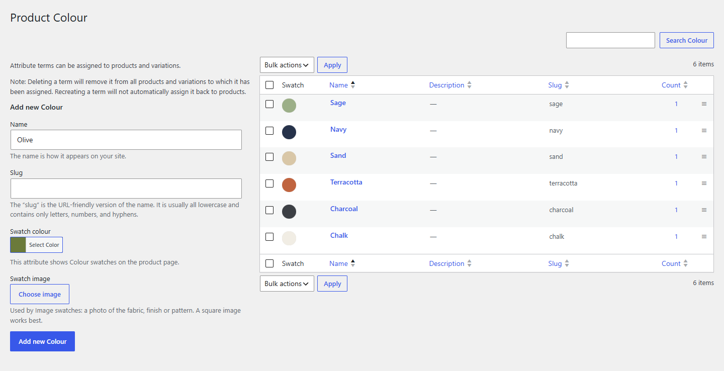 Each value's colour or image under Configure terms, with the Swatch column.