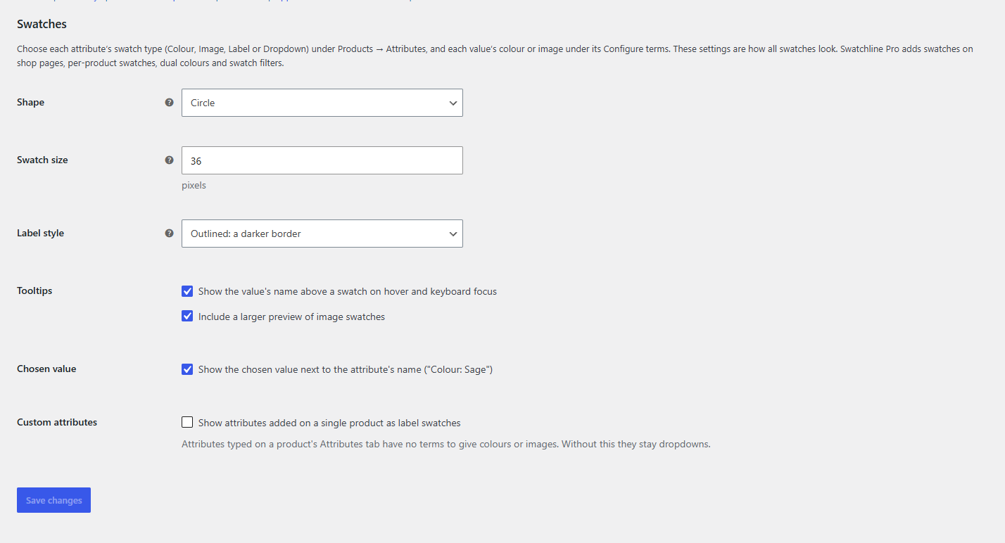 The settings under WooCommerce → Settings → Products → Swatches.