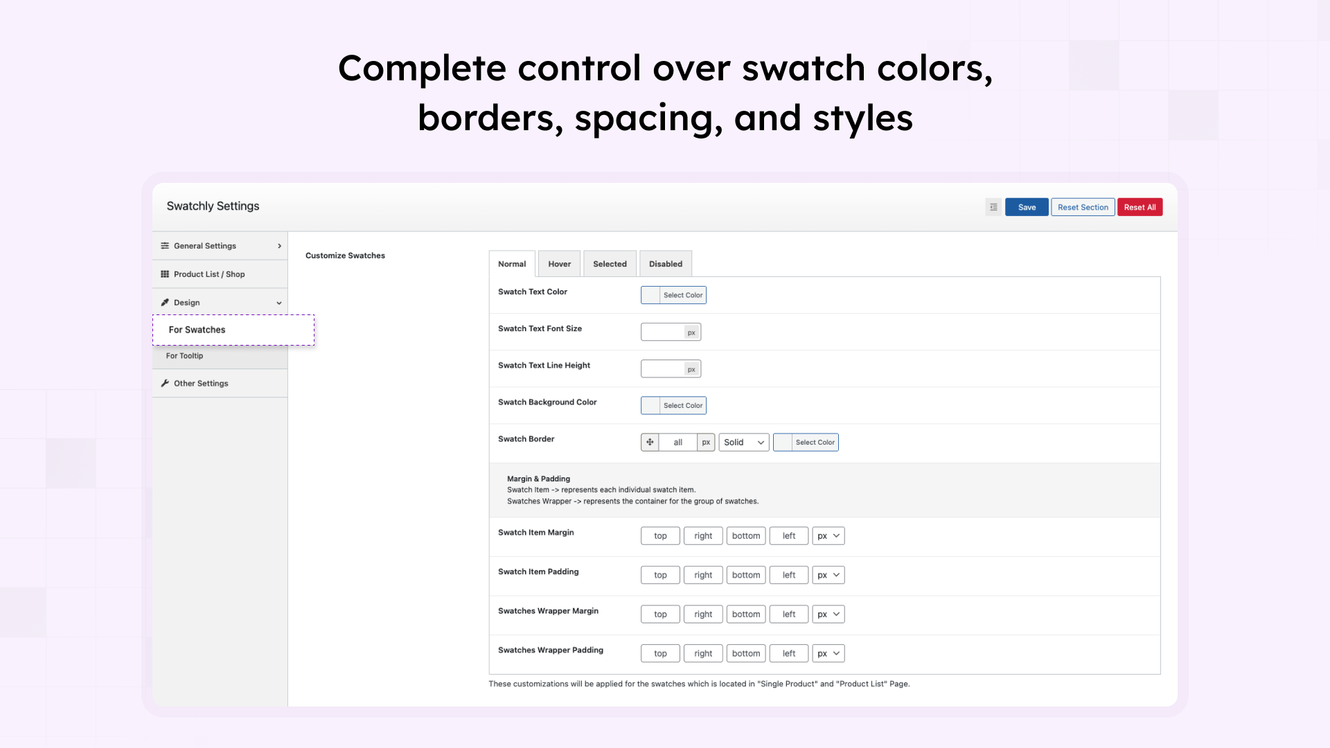 Design customization panel for full control over swatch appearance