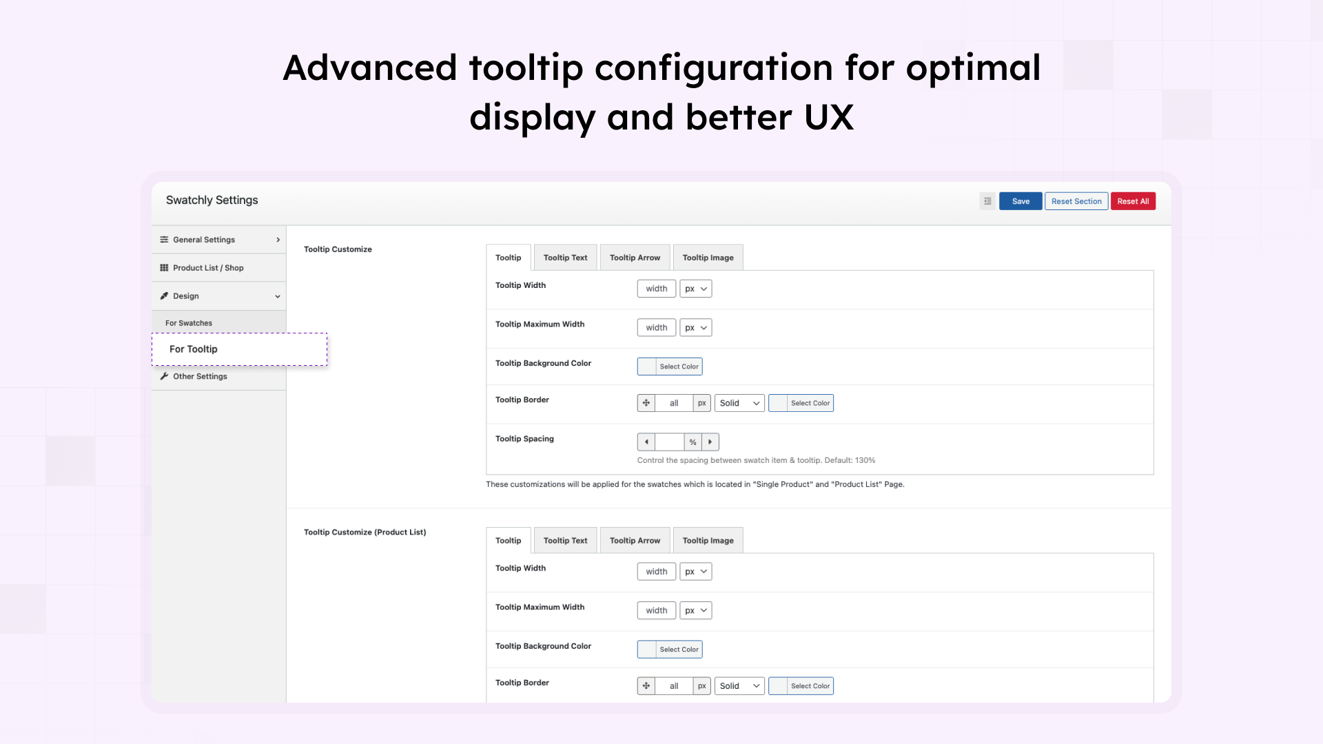 Tooltip settings page with options for width, colors, borders, and spacing