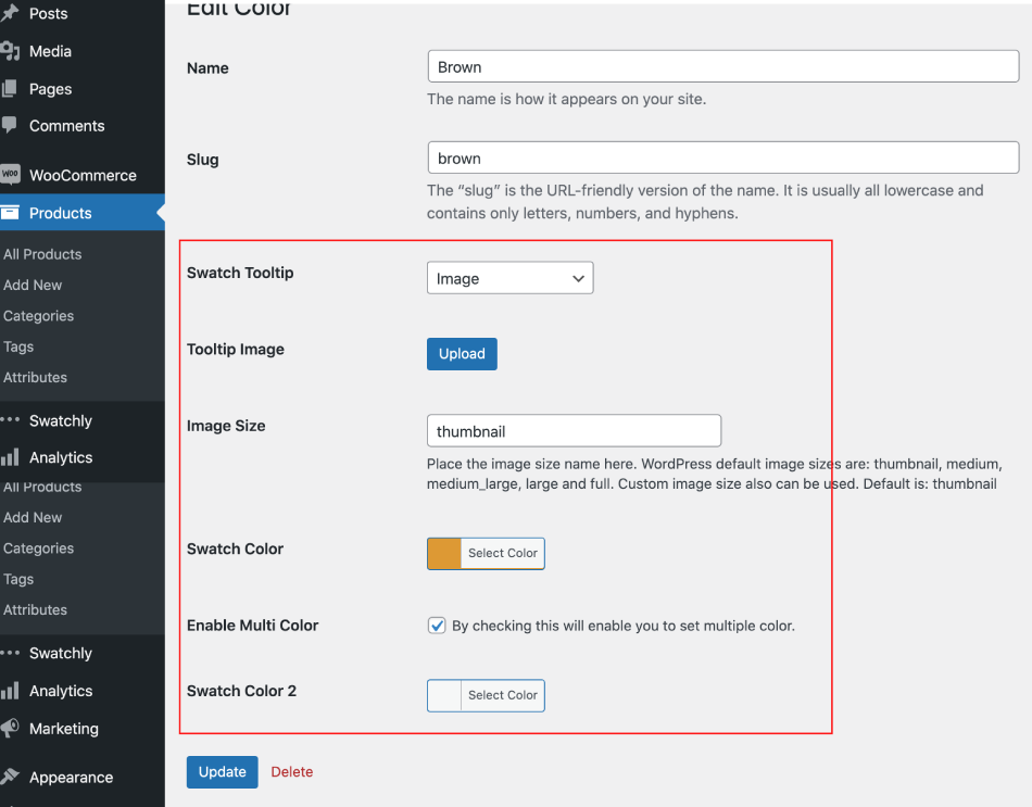 Color type attribute options