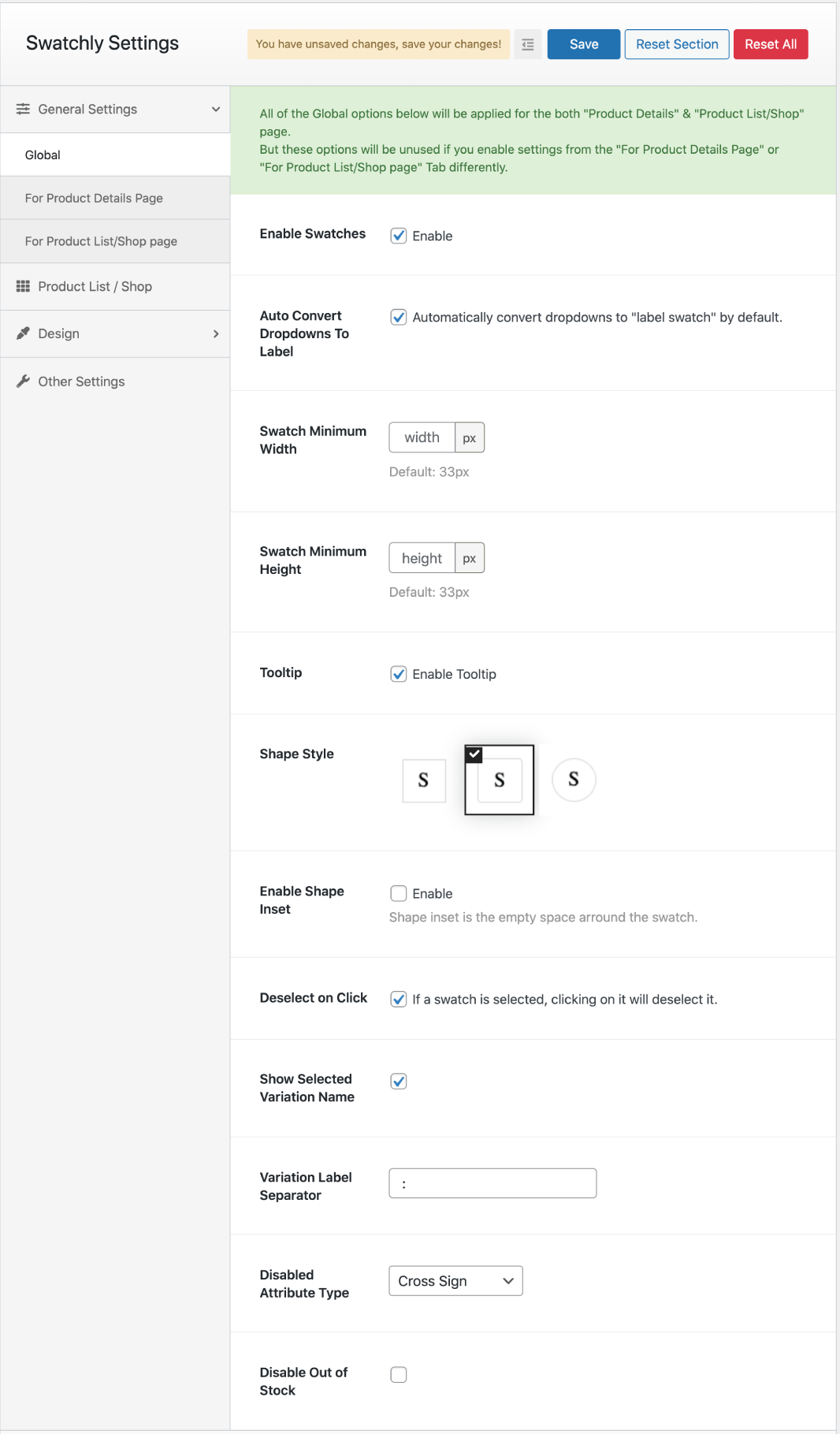 General settings global