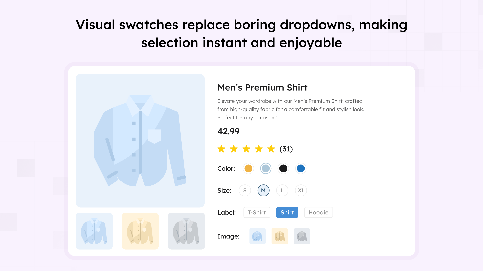 Beautiful product page displaying Color, Size, Label, and Image swatches together