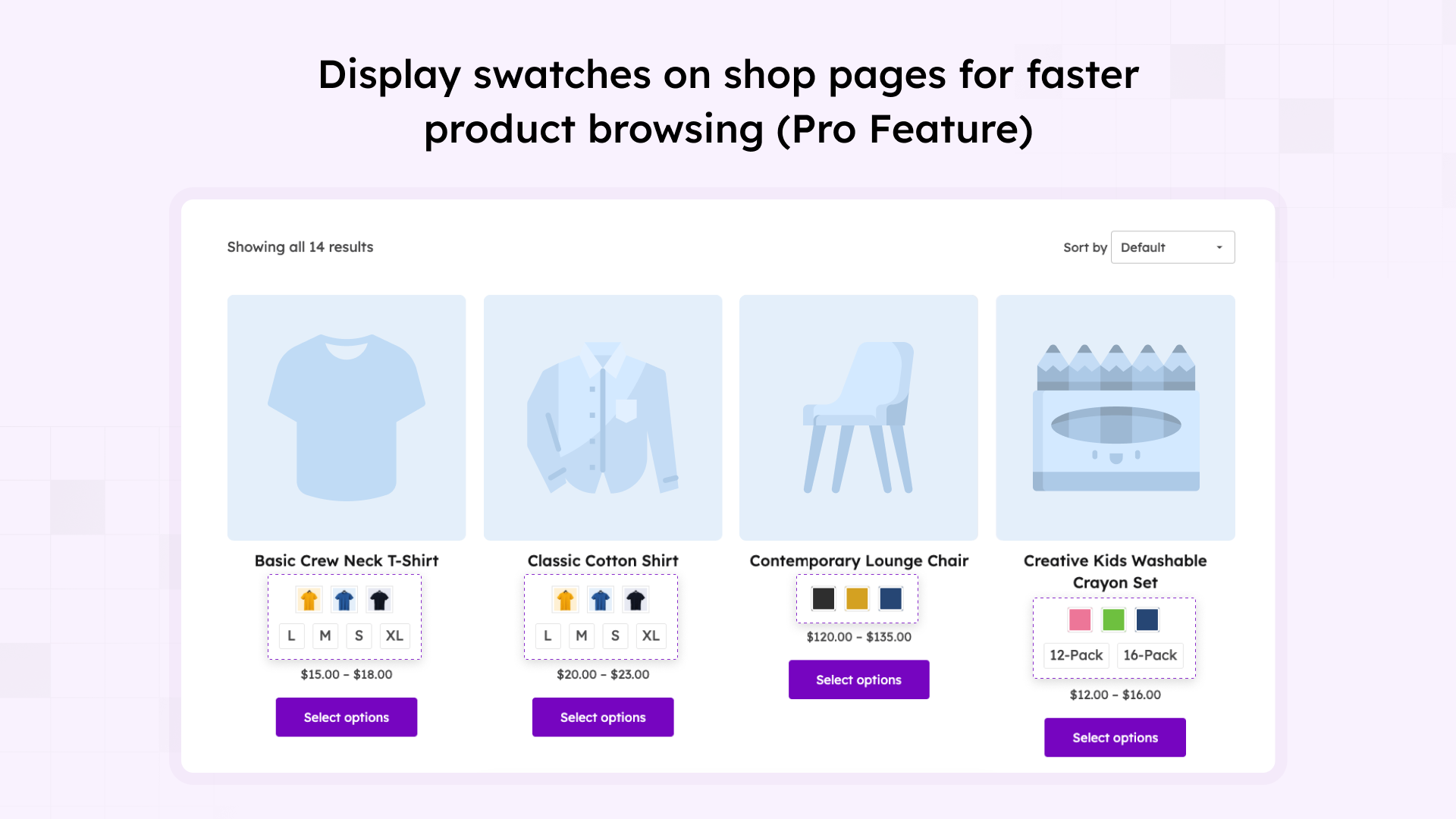 Shop and archive pages showing swatches for quick product selection