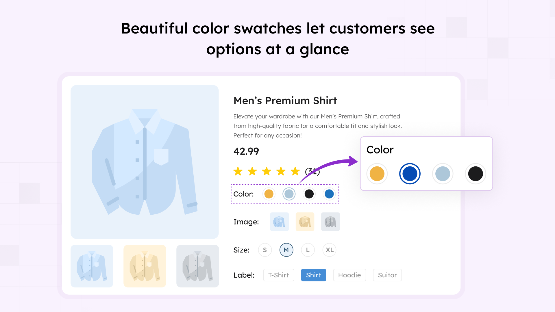 Color swatches with visual preview - perfect for apparel, accessories, and more