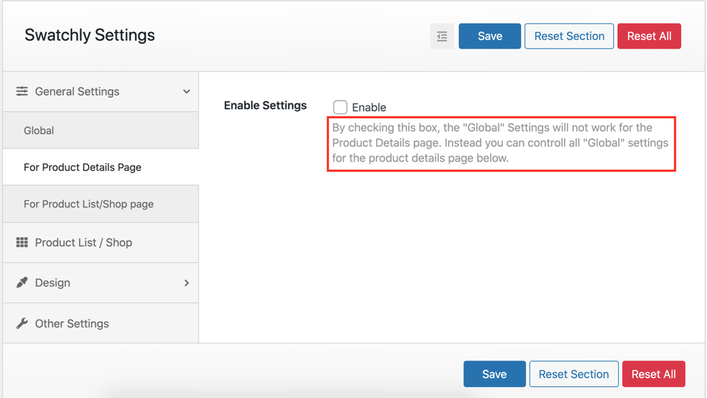 General settings for product details page