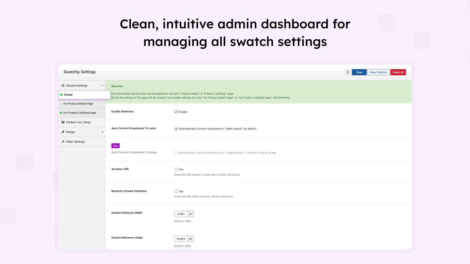Easy-to-use settings dashboard with all plugin options in one place