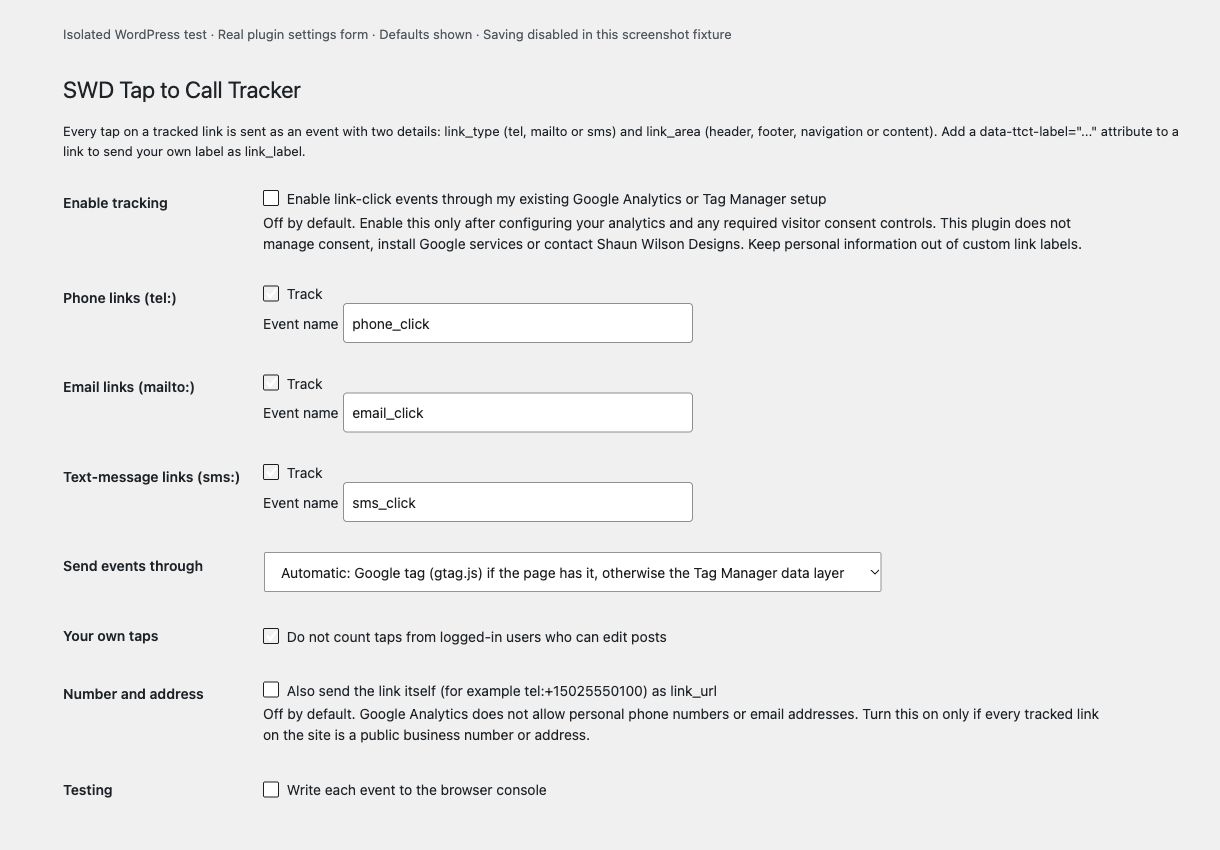 The real settings form rendered in an isolated local WordPress test. Tracking and contact-link values are off by default.