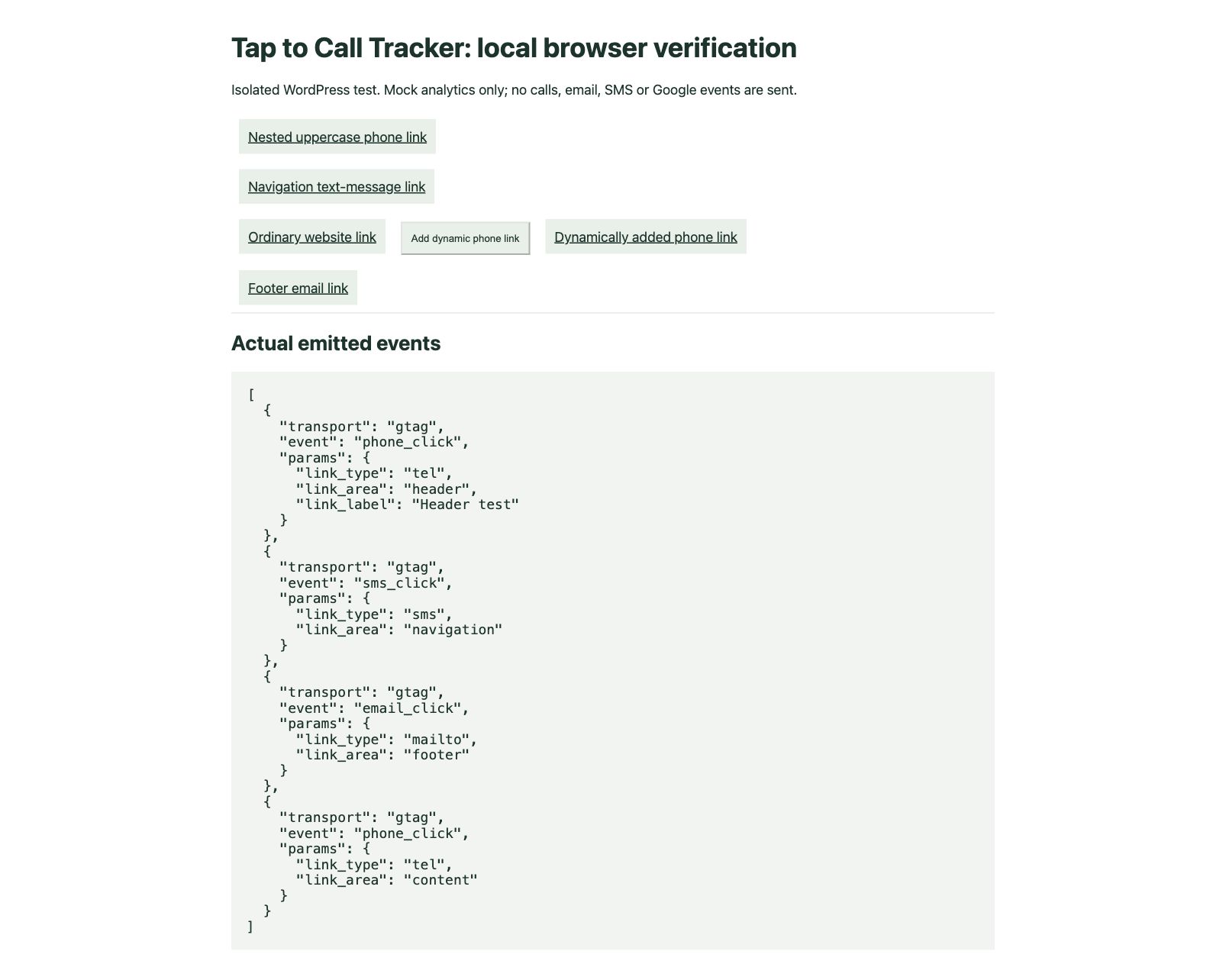 Actual local browser test with mocked Google analytics: phone, email, SMS and dynamically inserted links emit contact-intent events without contact values. This is a test fixture, not a live GA4 report.
