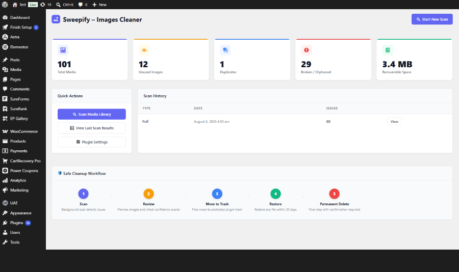 Dashboard showing media statistics and recoverable storage estimate.