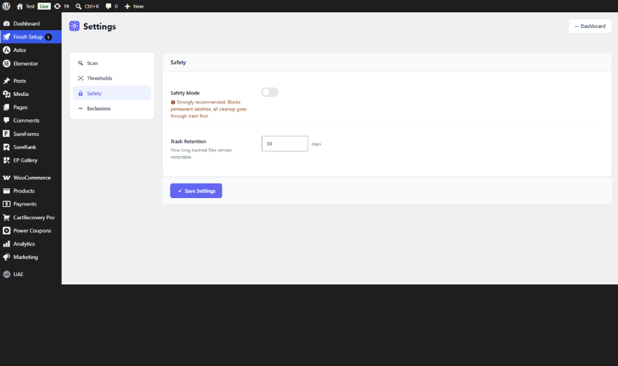 Settings page with scan, safety, and exclusion configuration options.