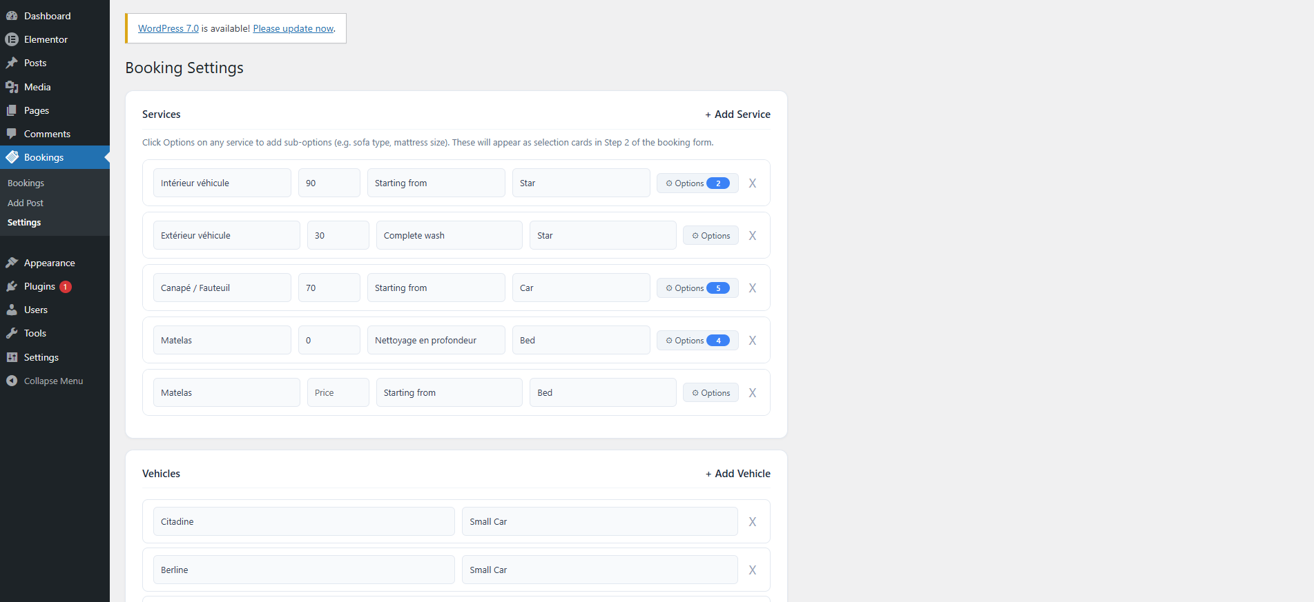 Booking settings — configure services, vehicles, formulas, labels, and email options