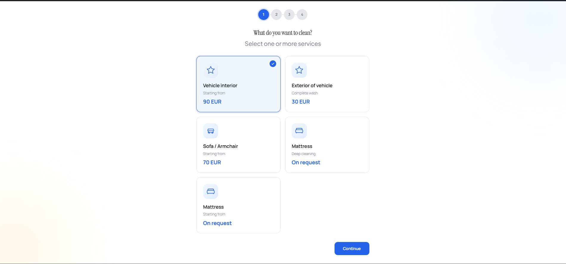 Frontend booking form — step 1 service selection