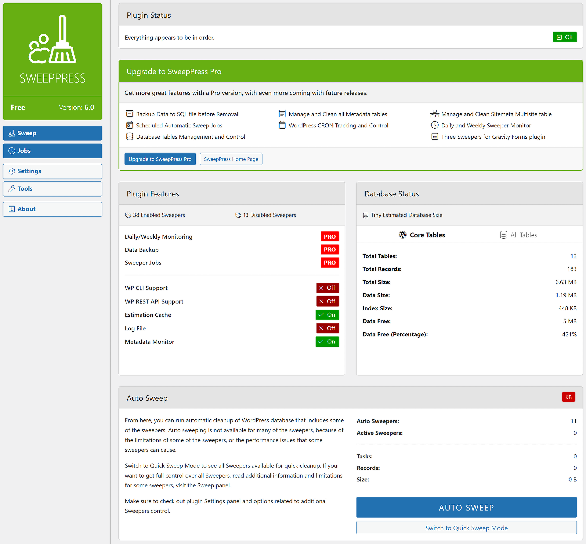 Main plugin dashboard with status