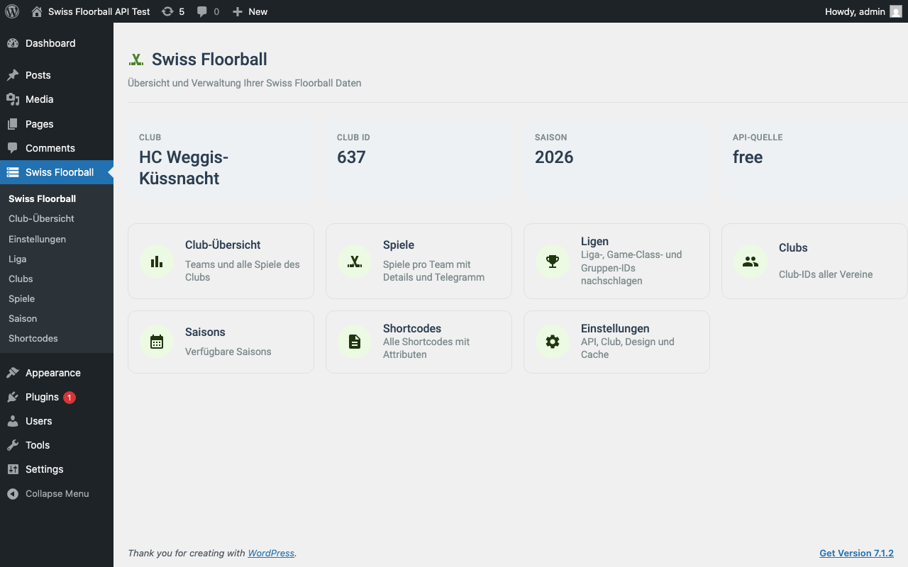 Dashboard: Club, season and API source at a glance, with navigation tiles.