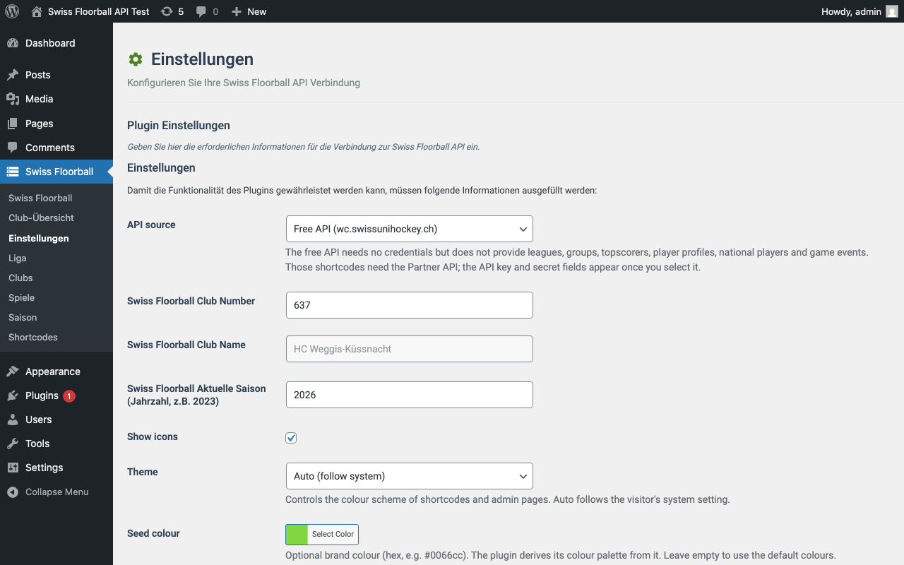 Settings: API source (free or Partner API), club, season, theme and table style.