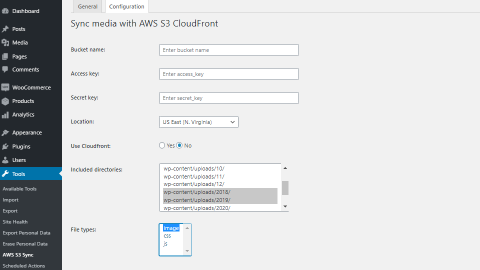 Configuration tab allows you to enter your AWS S3 "Bucket name", "Access key" "Secret key", "Location" and select the directories and file types, which you want to upload to S3.