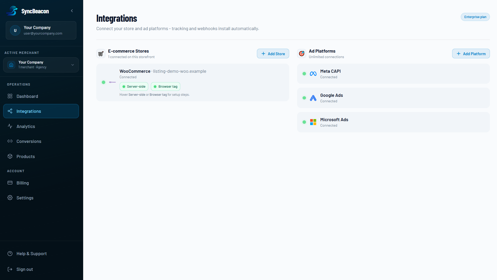 SyncBeacon Integrations - WooCommerce connected with server-side + browser tag, plus ad destinations.