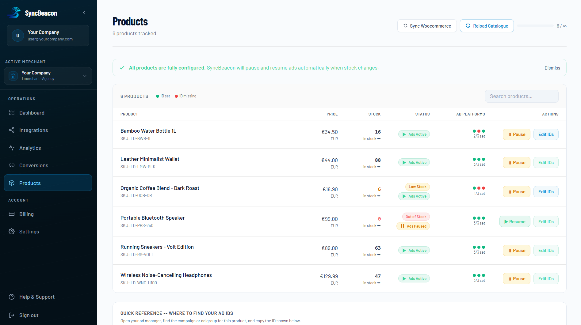 SyncBeacon Products - catalogue sync with automatic ad-pause and resume when stock changes.