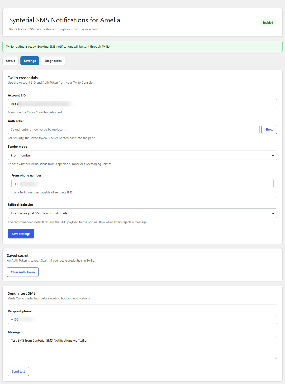 Settings tab with Twilio credentials, sender mode, fallback behavior, saved secret controls, and test SMS form.