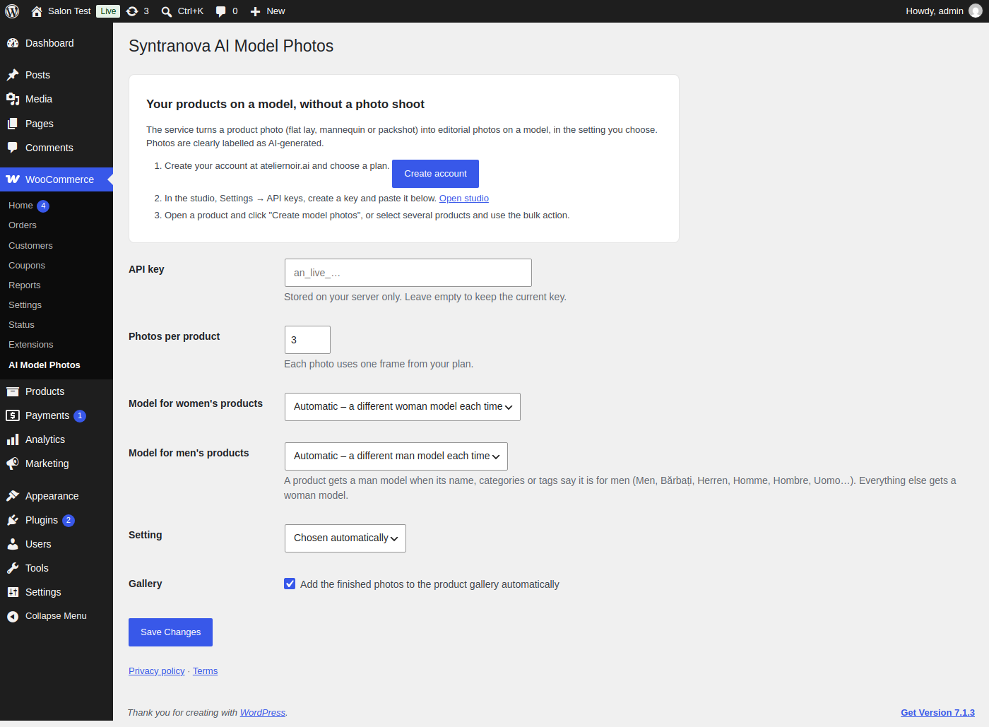 Settings: model, setting and number of photos.