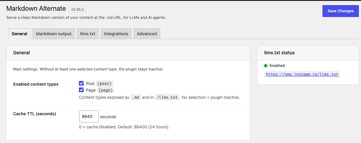 Settings — General: pick the content types that expose a .md (nothing is served until at least one is ticked) and set the cache TTL. The sidebar reports the /llms.txt status at a glance.