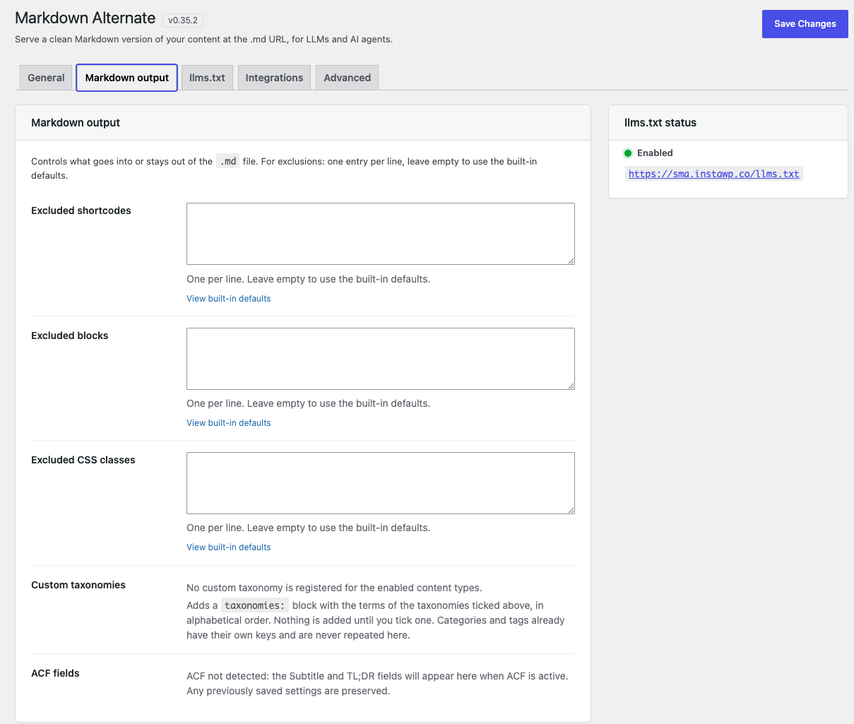 Settings — Markdown output: what stays out of the .md. Excluded shortcodes, blocks and CSS classes (leave empty for the built-in defaults), plus the custom taxonomies added to the front matter and the ACF fields.