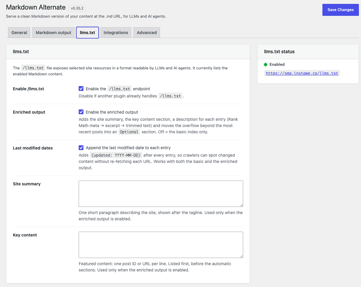 Settings — llms.txt: enable the endpoint, the enriched output and the last modified date on each entry, then add the site summary and the curated key content.
