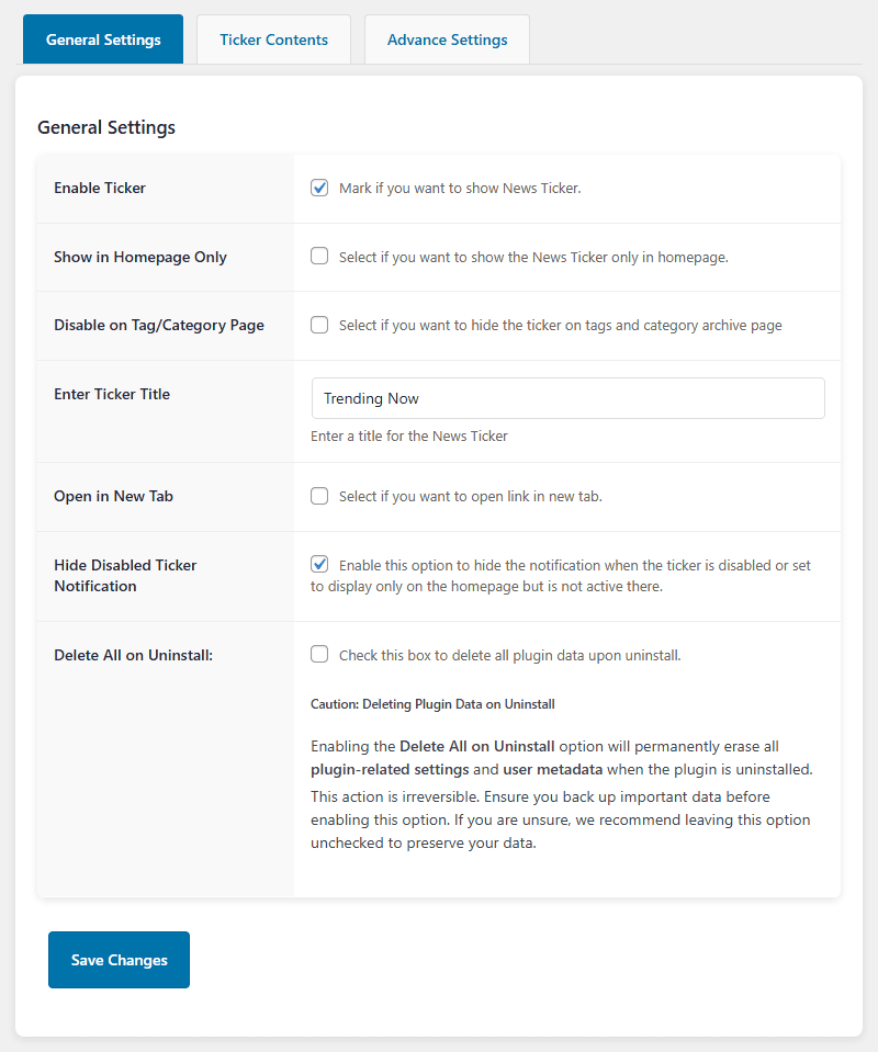 T4B News Ticker General Settings Tab.