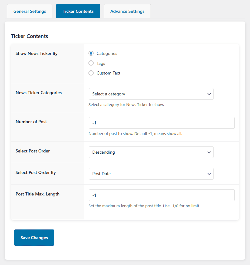 T4B News Ticker Content Settings Tab.