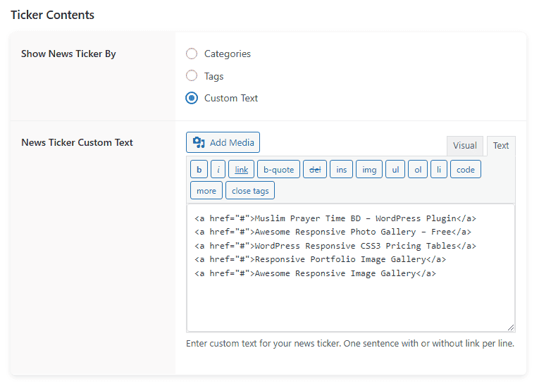 T4B News Ticker Content Settings Using Custom Texts.