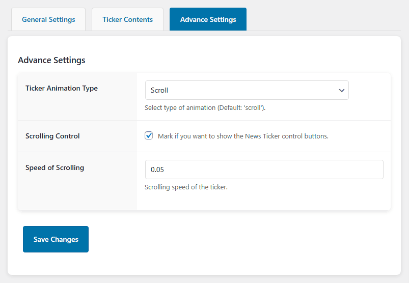T4B News Ticker Advance Settings Tab.