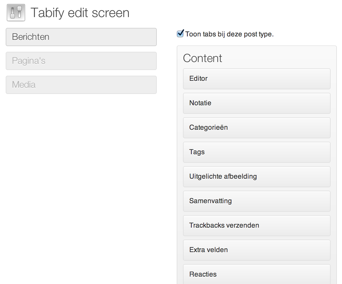 The settings page where you can manage the tabs for each posttype