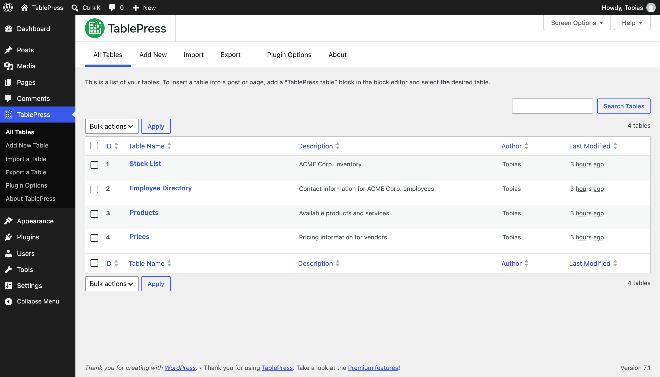 "All Tables" screen