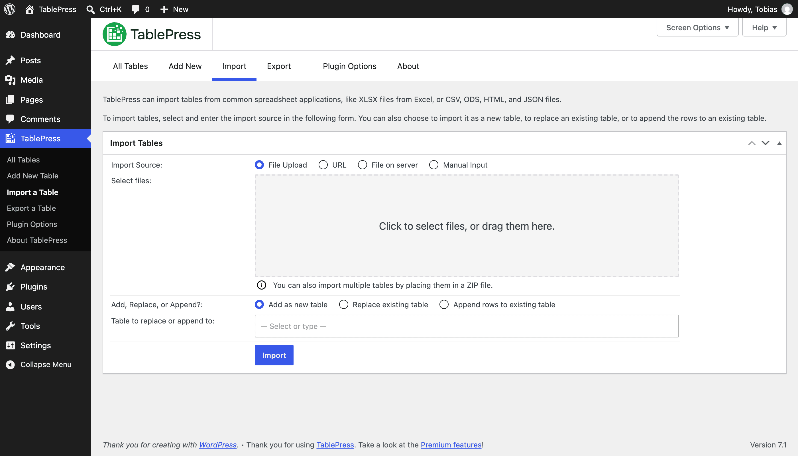 "Import" screen