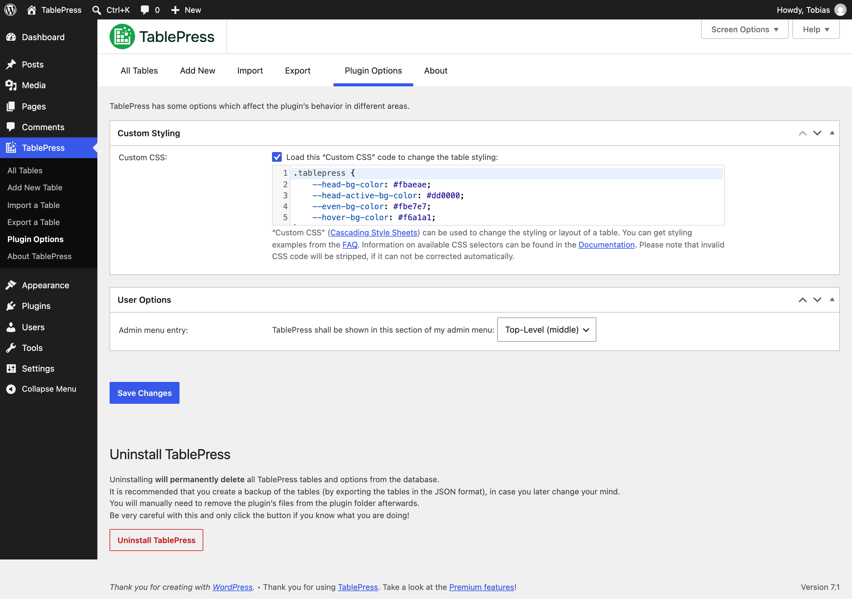 "Plugin Options" screen