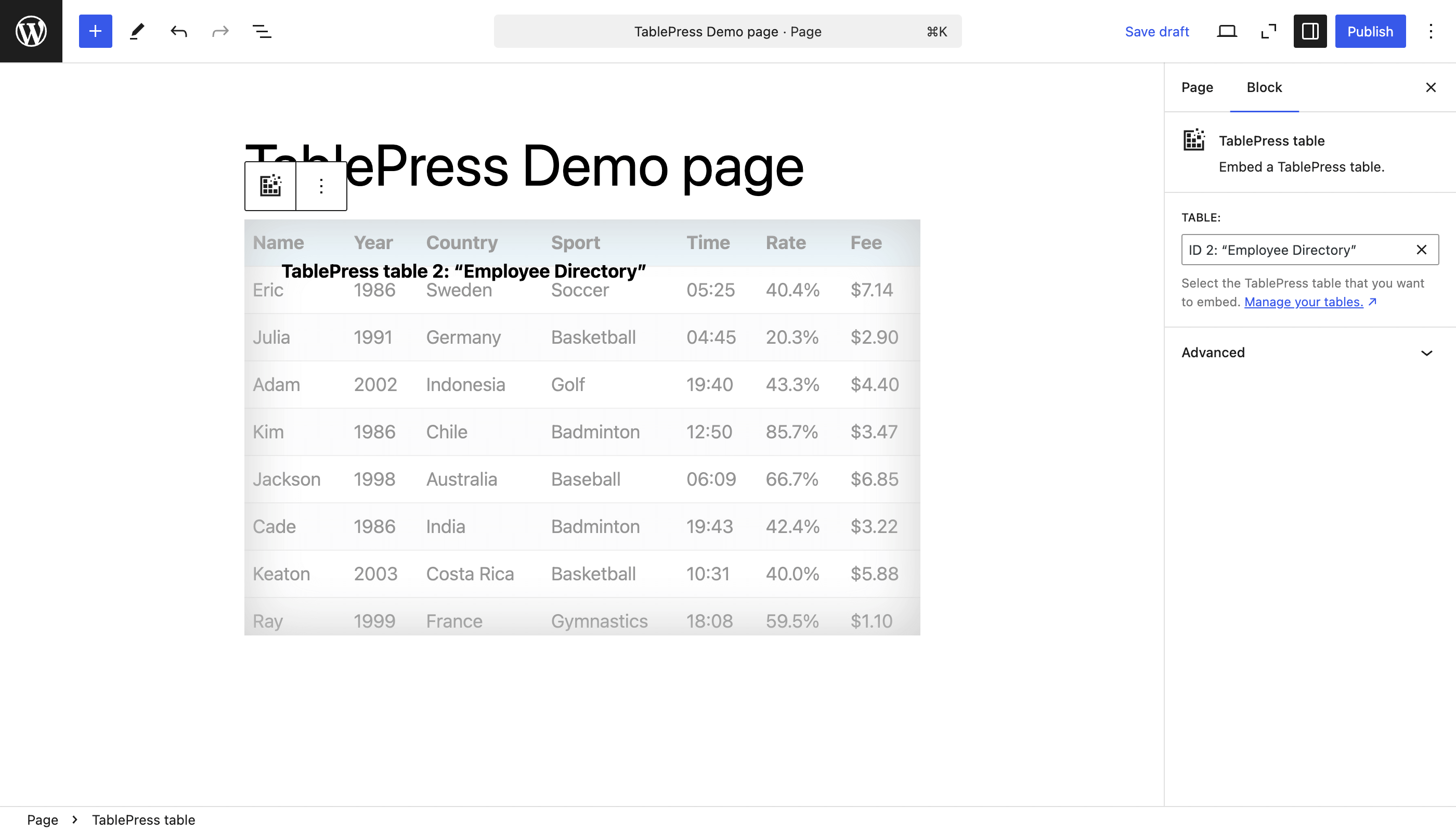 The “TablePress table” block in the block editor