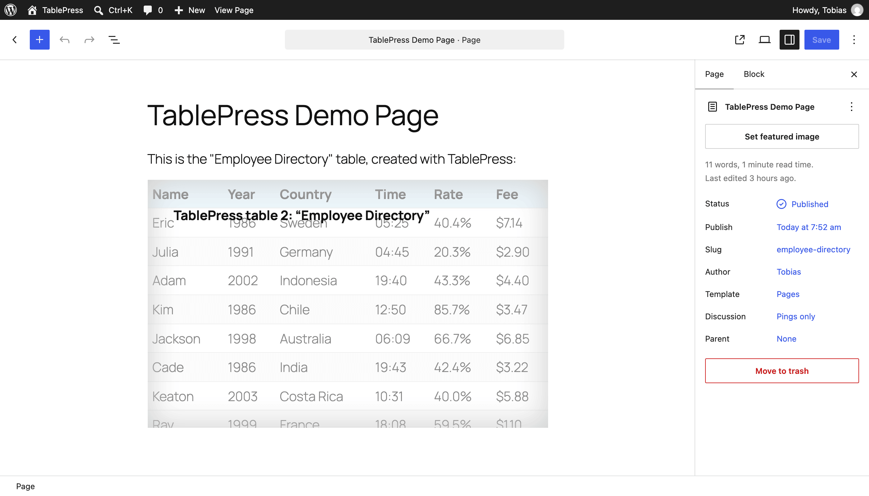 The “TablePress table” block in the block editor