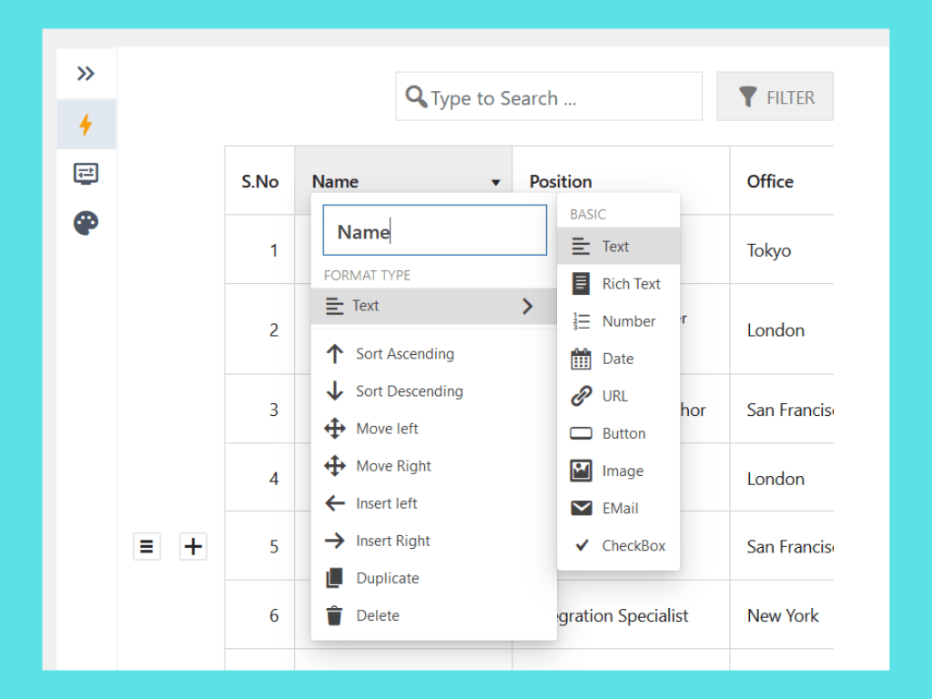 Display tables with Search, Sort, Filters, Pagination, & Fix the first column