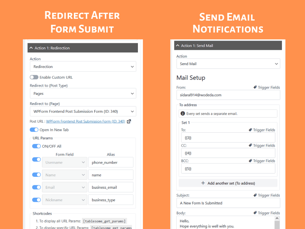 Redirect after form submit and send Email notifications