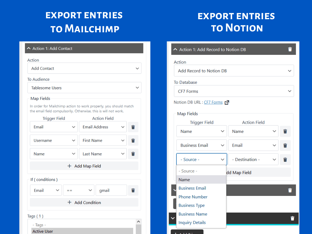 Automatically export entries to Mailchimp and Notion